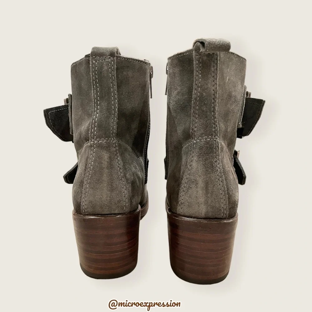 $399 Frye Sabrina Double Buckle Academia Grey Suede Leather Block Heel AnkleBoot - Picture 13 of 16